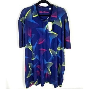 Robert Graham Men's Blue Multi Geometric Print Short Sleeve Polo Shirt Clubhouse